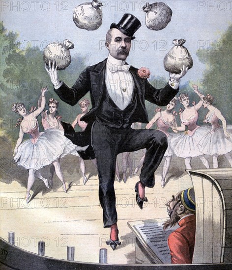 Georges Clemenceau juggling bags of English money, 1893. Artist: Henri Meyer