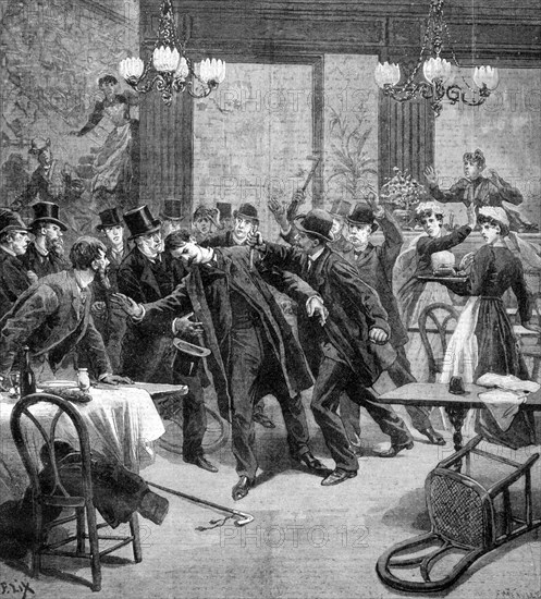 Attack against M Georgewitch, minister of Serbia in Paris 1893. Artist: Frederic Lix