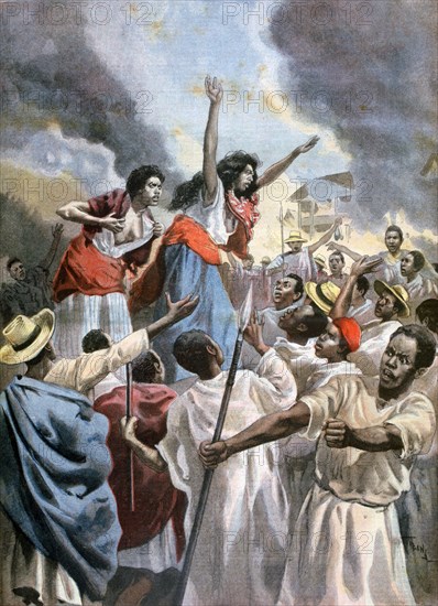 The royal princesses preaching the holy war in Madagascar, 1894. Artist: Oswaldo Tofani