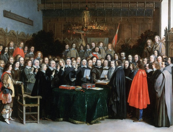 'The Swearing of the Oath of Ratification of the Treaty of Münster', 1648. Artist: Gerard Terborch II