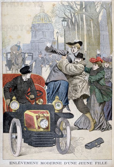 Kidnapping of a young woman in Paris, 1902. Artist: Unknown