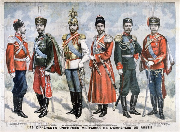 Different Russian military uniforms of the Emperor, 1896. Artist: Unknown