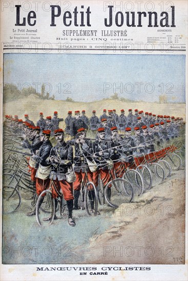 French Army bicycle corps in a square on manoeuvres, France, 1897. Artist: Henri Meyer