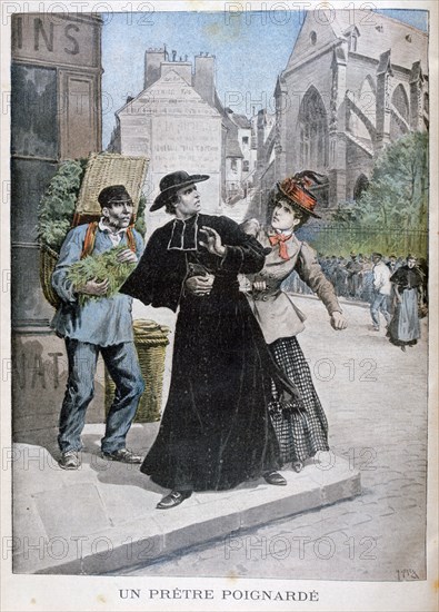 A Catholic priest is stabbed by a woman on the street, France, 1897. Artist: Henri Meyer