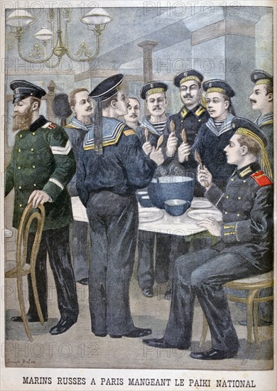 Russian marines eating 'paiki' in Paris, 1900. Artist: Joseph Belon