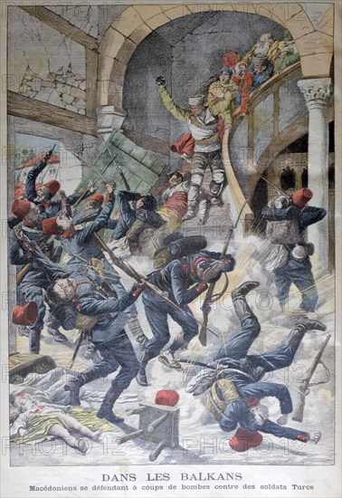 In the Balkans: Macedonians defending themselves with bombs against Turkish Soldiers, 1903. Artist: Unknown