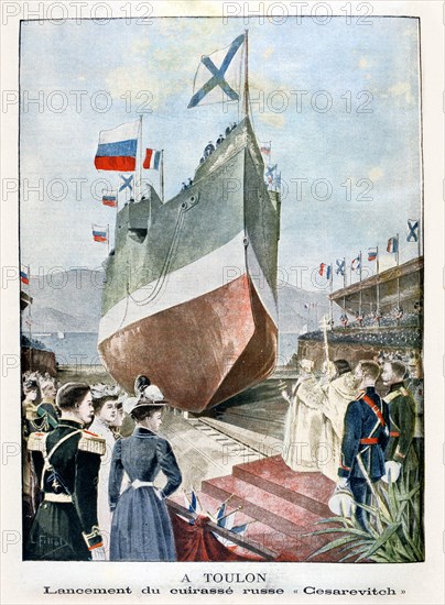 At Toulon, Launching the Russian battleship 'Cesarevitch', 1901. Artist: Unknown