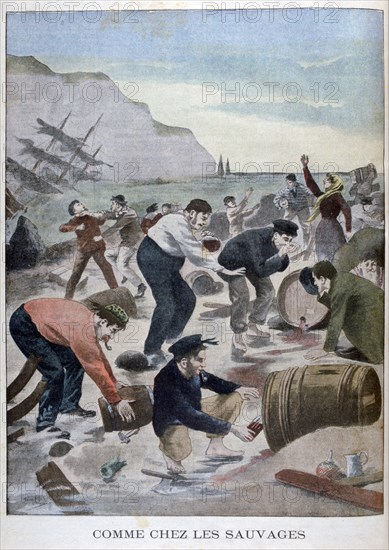 People salvaging items from a shipwreck on the Isle of Wright, 1902. Artist: Unknown