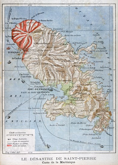 Map showing the eruption of Mount Pelee, Martinique, 1902. Artist: Unknown