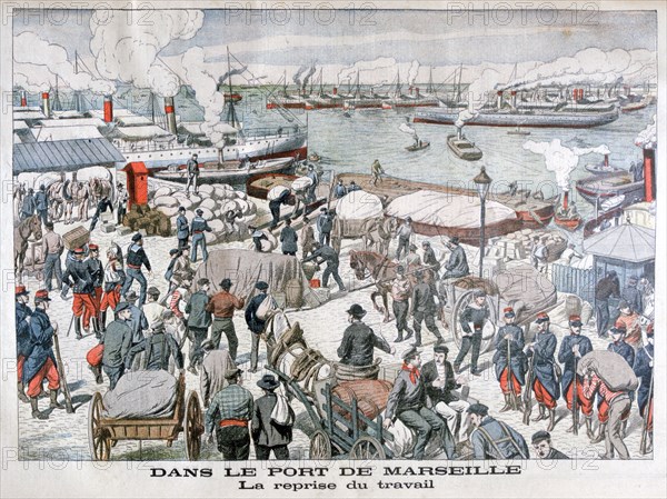 The end of the strike by dock workers at the port of Marseilles, France, 1904. Artist: Unknown