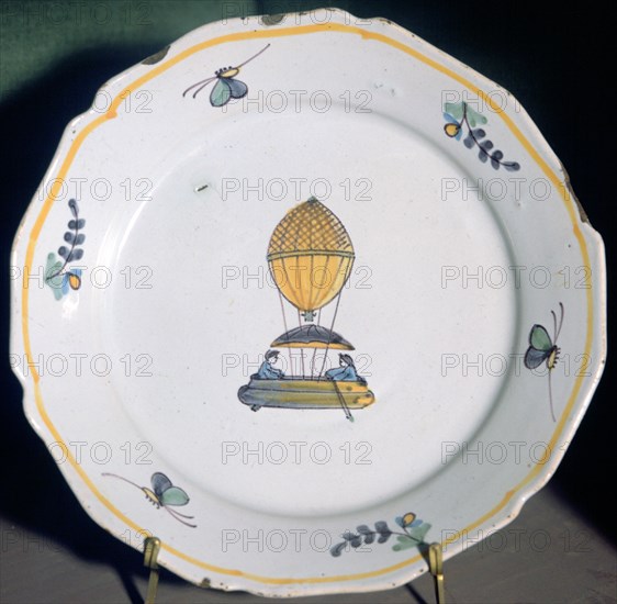 A French faience plate depicting Jean-Pierre Blanchard's balloon trip. Artist: Unknown