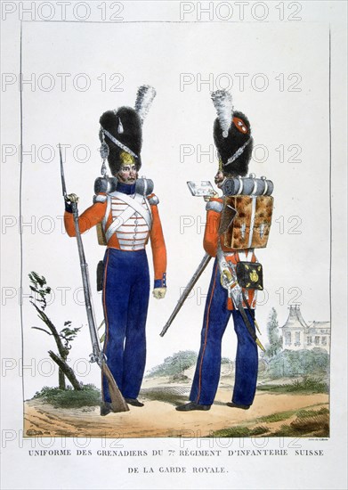 Uniform of the Swiss Grenadiers 7th Regiment of infantry of the royal guard, France, 1823.  Artist: Charles Etienne Pierre Motte