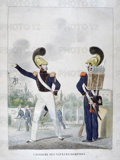 Uniform of military sapper-firemen, France, 1823. Artist: Charles Etienne Pierre Motte