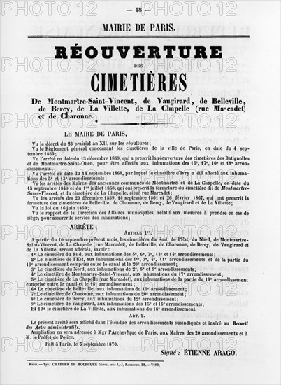 Reouverture des Cimetieres, from French Political posters of the Paris Commune, May 1871. Artist: Unknown
