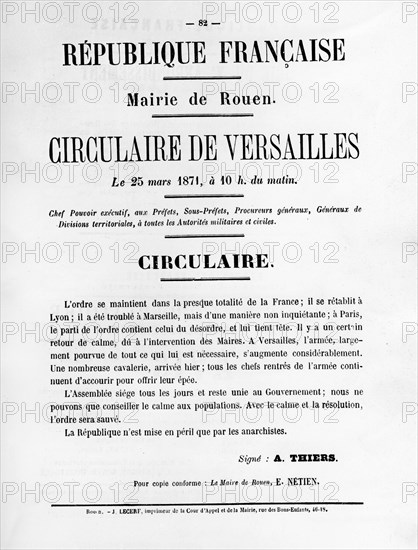 Circulaire de Versailles, from French Political posters of the Paris Commune,  May 1871. Artist: Unknown