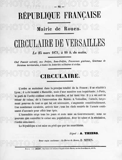 Circulaire de Versailles, from French Political posters of the Paris Commune, May 1871. Artist: Unknown