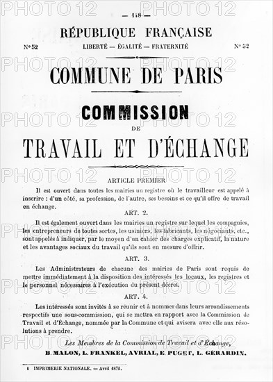Travail et D'Echange, from French Political posters of the Paris Commune, May 1871. Artist: Unknown