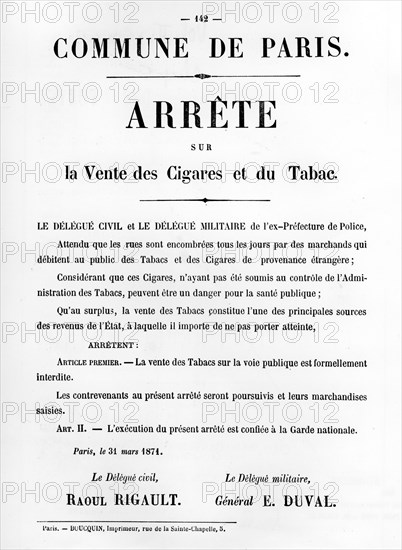 Arrete sur la Vente des Cigares et du Tabac, from French Political posters of the Paris Commune Artist: Unknown