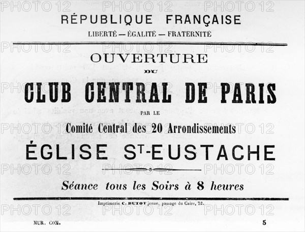 Club Central de Paris, from French Political posters of the Paris Commune,  May 1871. Artist: Unknown