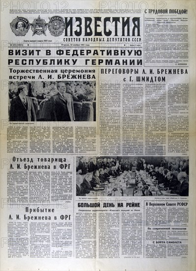 Russian newspaper article discussing the meeting between Brezhnev and Gensher, 1981. Artist: Unknown