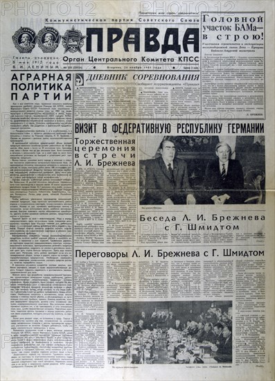 Russian newspaper article discussing the meeting between Brezhnev and Gensher, 1981. Artist: Unknown