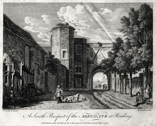 'A South Prospect of the Abby-Gate at Reading', Berkshire, 1775. Artist: Michael Angelo Rooker