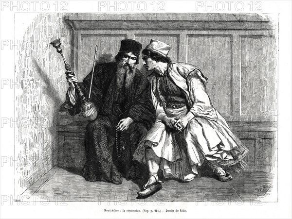 'The Confession', Mount Athos, northern Greece, 1886. Artist: Unknown