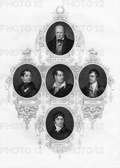 Sir Walter Scott, Thomas Moore, Lord Byron, Robert Burns, Thomas Campbell, 1877. Artist: Unknown