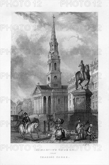 St Martin's Church from Charing Cross, London, 19th century.Artist: J Woods