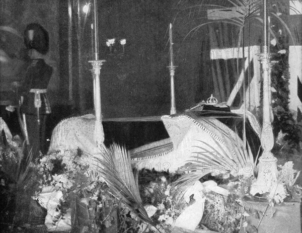 Queen Victoria lying in state at Osborne House, 1901.Artist: Hughes & Mullins