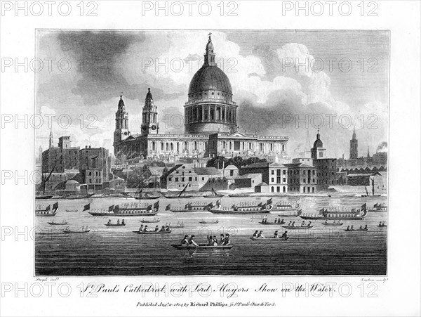 'St Paul's Cathedral, with the Lord Mayor's Show on the Water', London, 1804.Artist: Newton