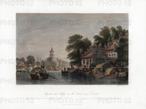 'Pagoda and Village, on the Canal near Canton', China, c1840.Artist: WH Capone