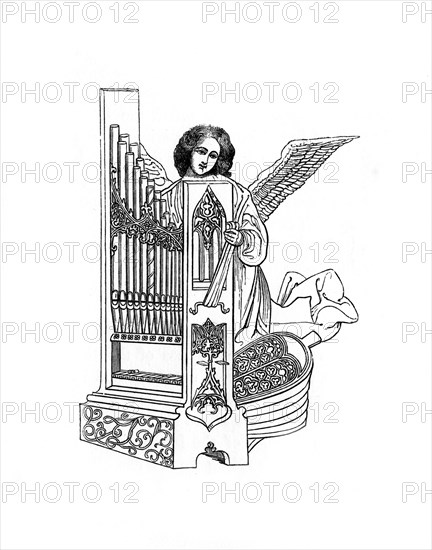 Angel and organ, early 16th century, (1843).Artist: Henry Shaw