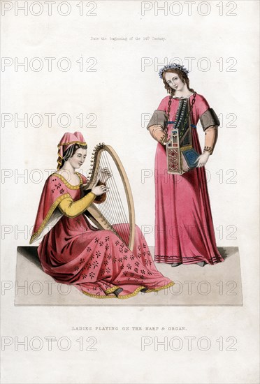 'Ladies Playing on the Harp and Organ', early 14th century, (1843).Artist: Henry Shaw