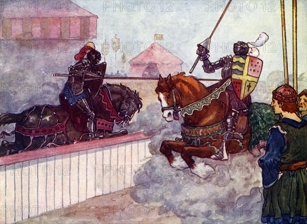 'The Count rode again and again at Edward till his lance was splintered in his hand', c1270, (1905).Artist: A S Forrest