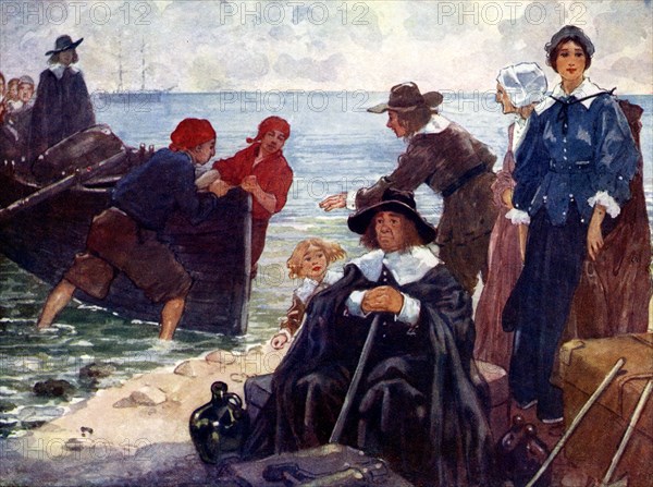 'A band of exiles moor'd their bark on the wild New England shore', 1620, (1905).Artist: A S Forrest