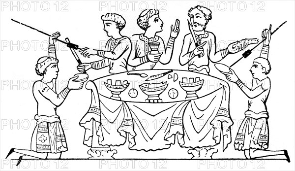 Anglo-Saxons at dinner, (1910). Artist: Unknown