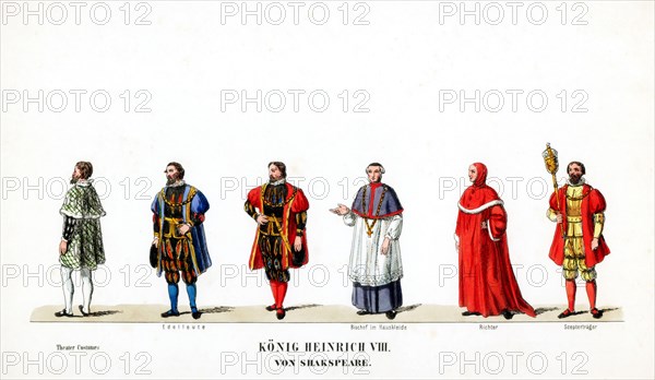 Theatre costume designs for Shakespeare's play, Henry VIII, 19th century. Artist: Unknown