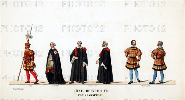 Theatre costume designs for Shakespeare's play, Henry VIII, 19th century. Artist: Unknown