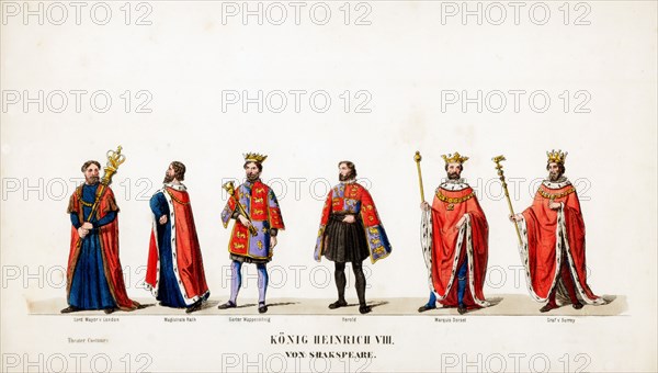 Theatre costume designs for Shakespeare's play, Henry VIII, 19th century. Artist: Unknown