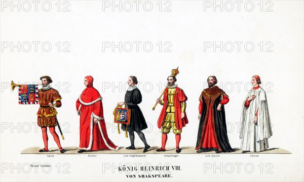 Theatre costume designs for Shakespeare's play, Henry VIII, 19th century. Artist: Unknown