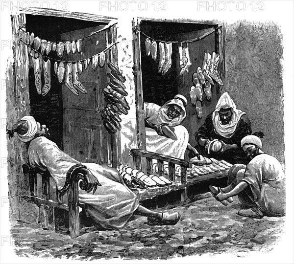 Shoe shop in Fez, Morocco, c1890. Artist: Unknown