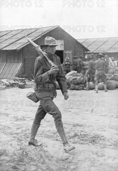 An American soldier on sentry duty, Saint Nazaire, France, c1917. Artist: Unknown