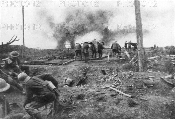 Allied troops and German prisoners at the Menin Road, near Ypres, Belgium, 30 October, 1917. Artist: Unknown