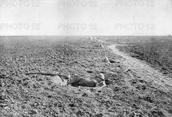 A line of French infantry foxholes, 1918. Artist: Unknown