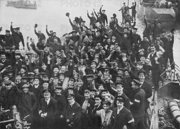 The crew of HMS 'Vindictive' celebrating the Zeebrugge Raid on 23 April 1918. Artist: Unknown