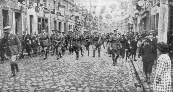 General Currie and Canadian troops walking through a liberated town, 27 October 1918. Artist: Unknown