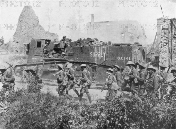 Allied troops marching through a liberated town, 27 October 1918. Artist: Unknown