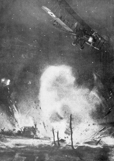 British air bombardment over the German lines, World War I, 1914-1918 (1926). Artist: Joseph Simpson