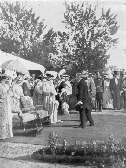 Tsar Nicholas II with visiting French President Poincare, Krasnoye Selo, Russia, 22 July 1914. Creator: Unknown.